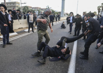 הפגנה. השוטרת לא התייחסה למפגין, ודרגה עליו צילום: פלאש 90